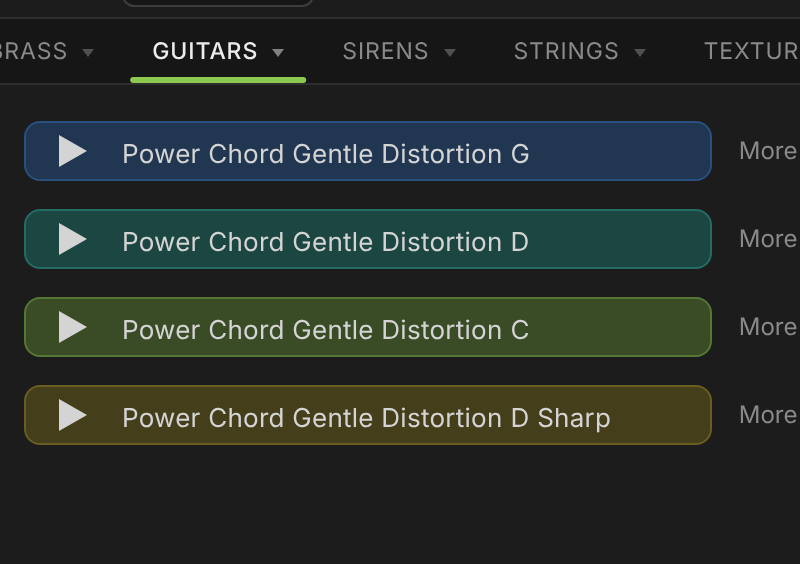 Music Tool rows, one per key