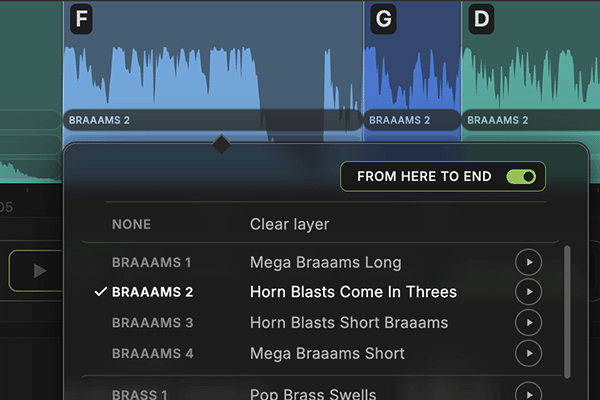 The layer picker on LAYER 1, BRAAAMS 1 checked, FROM HERE TO END on